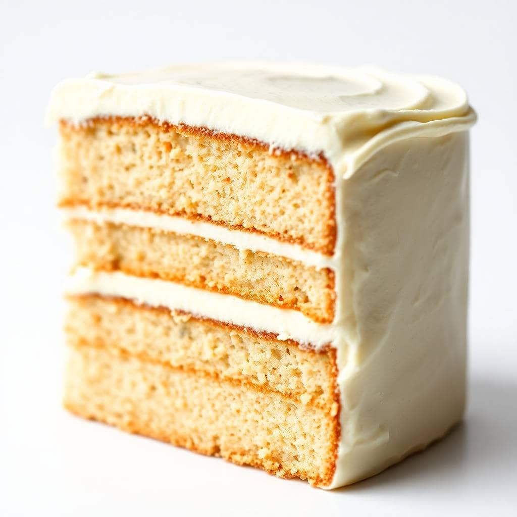 Three-layer vanilla cake with white frosting and crumb texture on white background.