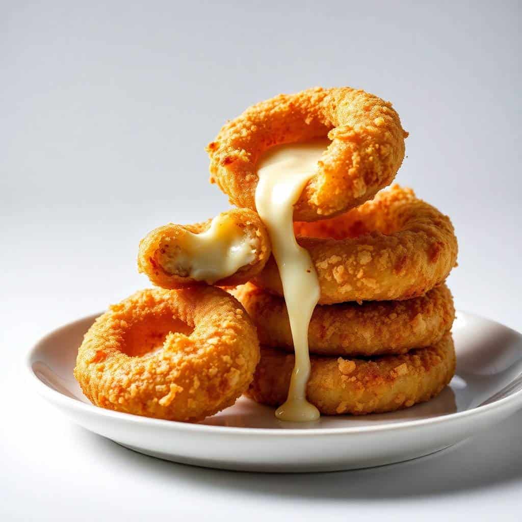 Golden crispy baked onion rings with melted mozzarella cheese dripping down, stacked on white plate.