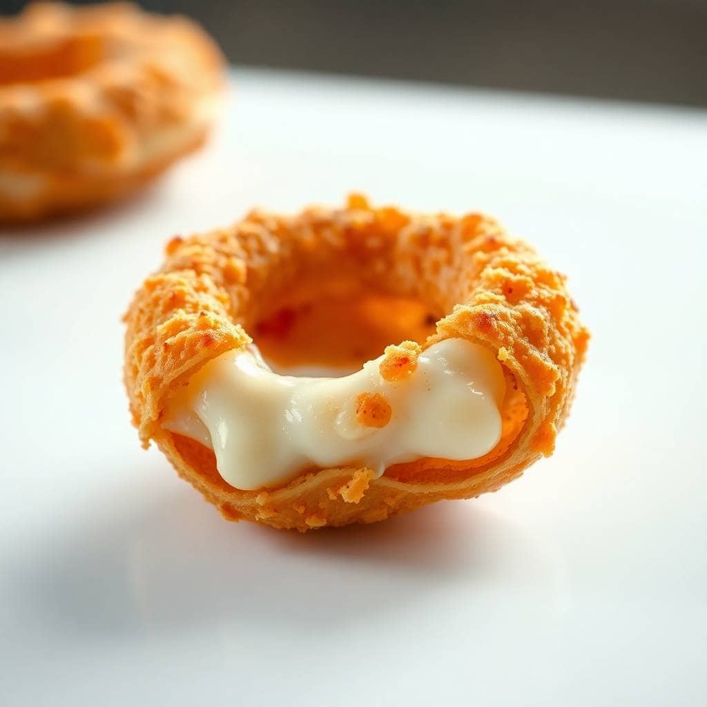 Crispy golden baked onion ring with melted mozzarella cheese filling on white surface.