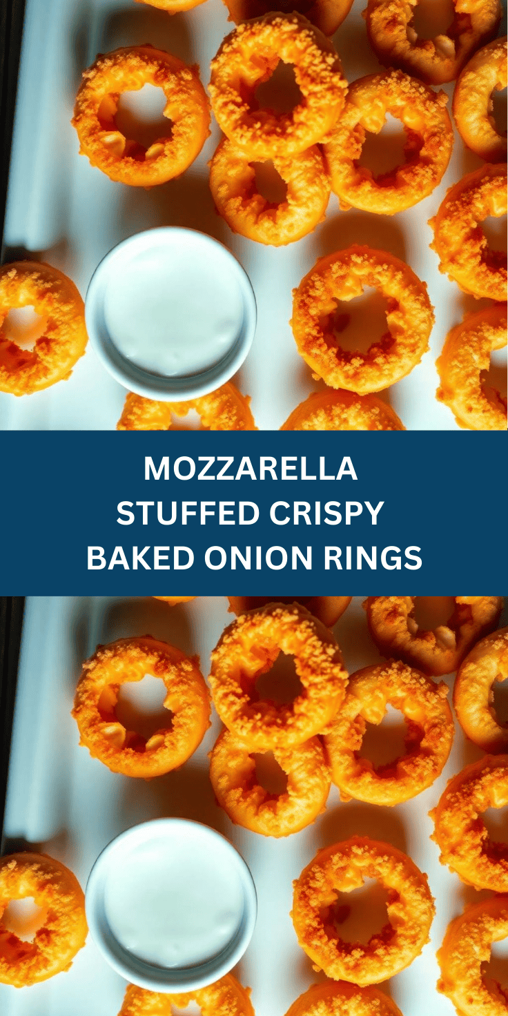 Golden crispy baked onion rings with melted mozzarella, served with white dipping sauce.