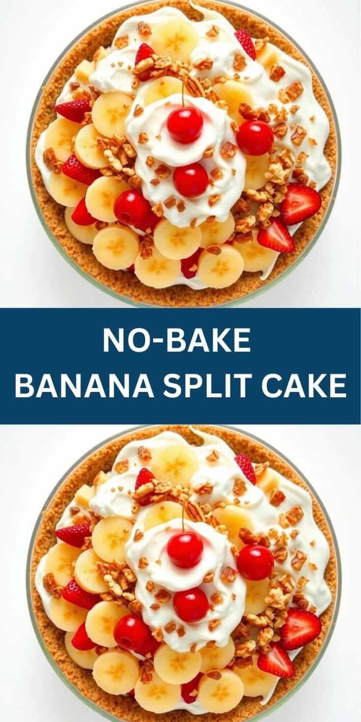 No-bake banana split cake with graham cracker crust, whipped cream, sliced bananas, strawberries, and maraschino cherries.