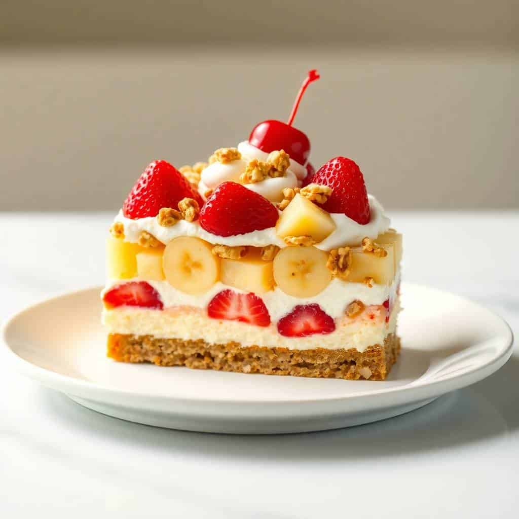 No-bake banana split cake slice with strawberries, bananas, whipped cream, and maraschino cherry on white plate.