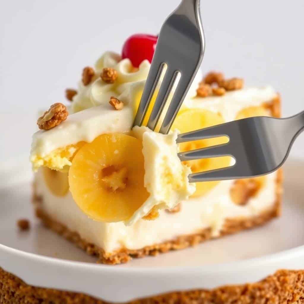 Fork cutting into no-bake banana split cake slice with cream cheese frosting, pecans, and maraschino cherry garnish.