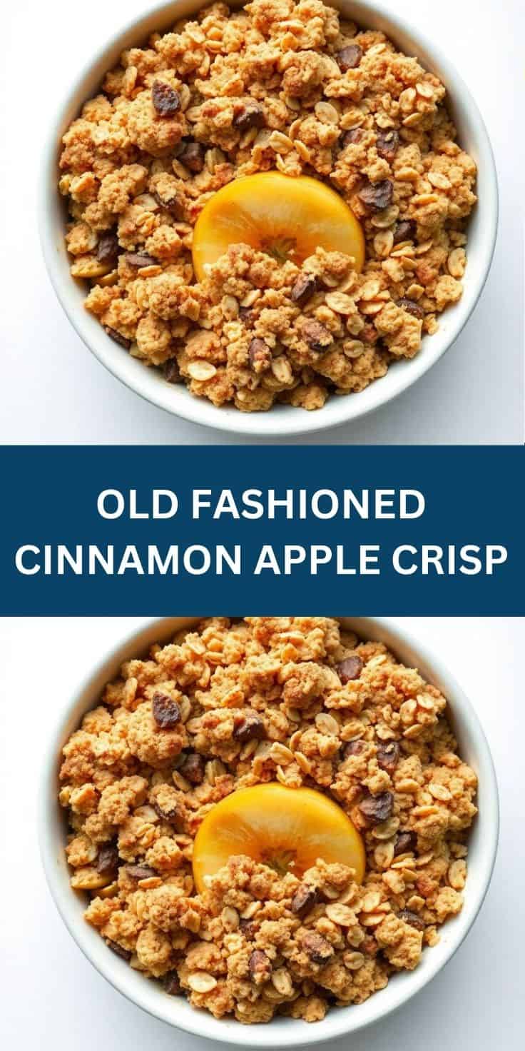 Two bowls of old fashioned cinnamon apple crisp with golden oat topping and apple slice garnish.