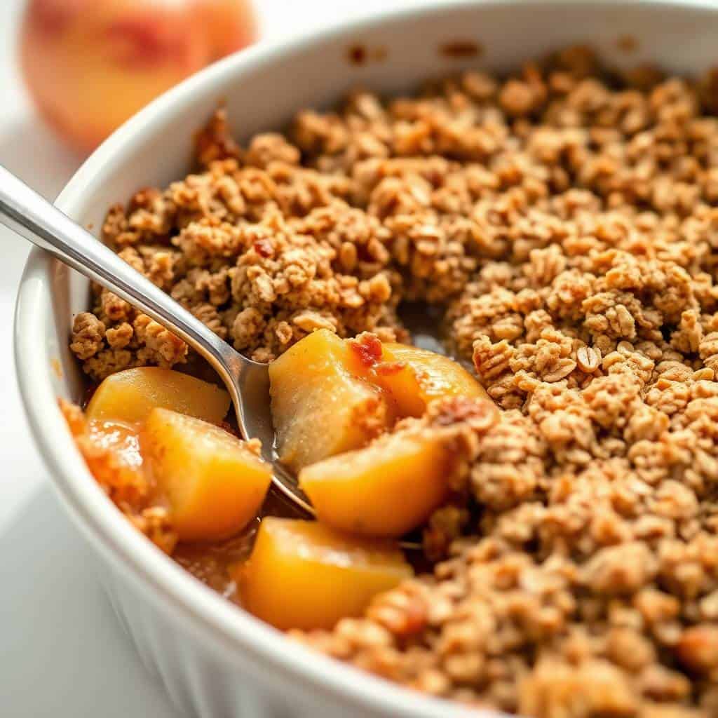 Cinnamon apple crisp in white bowl with spoon, showing golden oat topping and cooked apple pieces.