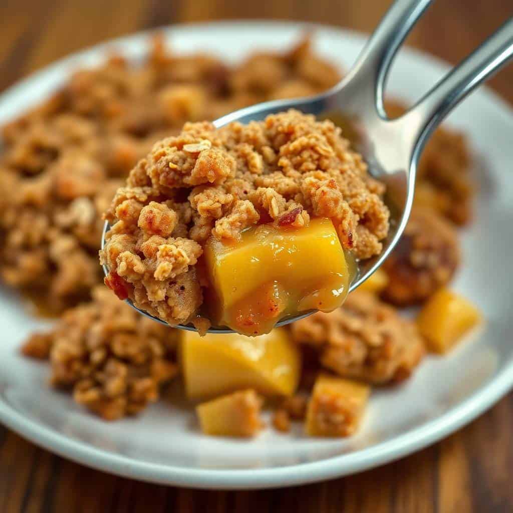 A spoonful of cinnamon apple crisp with golden oat topping and tender apple chunks over a white bowl.