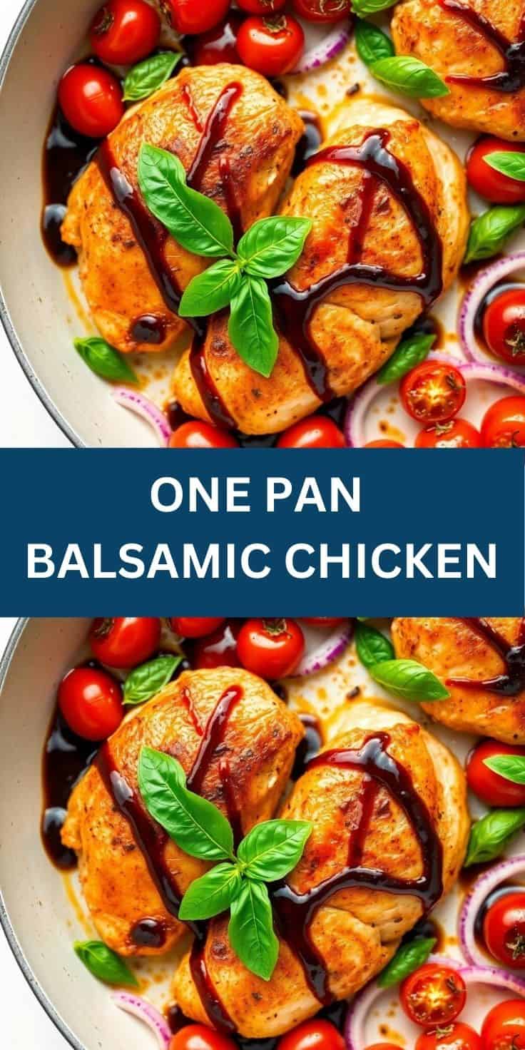 Golden-brown balsamic chicken breasts garnished with fresh basil, surrounded by tomatoes and red onions in a white pan.