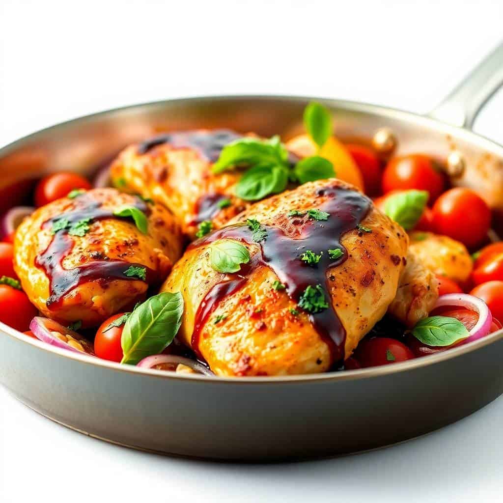 Balsamic chicken thighs in skillet with cherry tomatoes, basil, and red onions garnish.