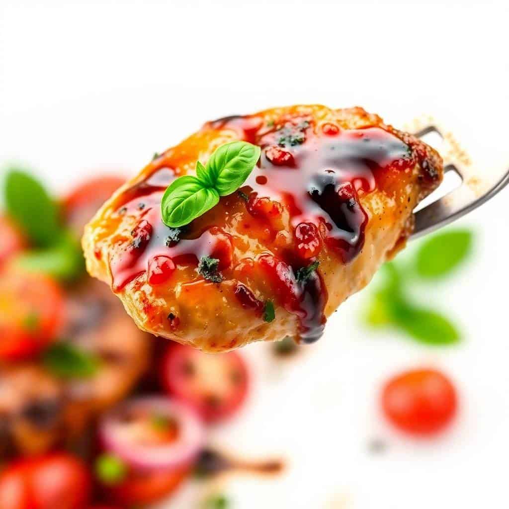 Balsamic chicken with red berries and basil garnish on a spoon, glistening glaze visible.