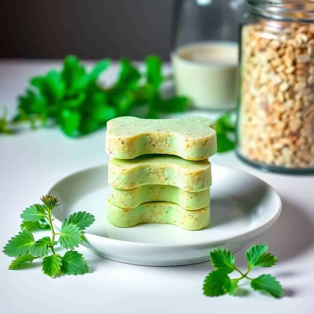 Stacked green parsley and mint teeth cleaner treats on white plate with fresh herb garnish and ingredients.