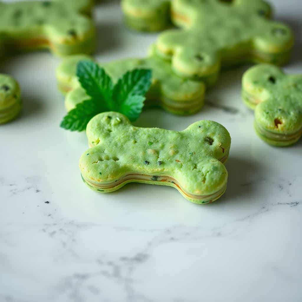 Green bone-shaped treats with herb specks garnished with fresh mint leaves on marble surface.