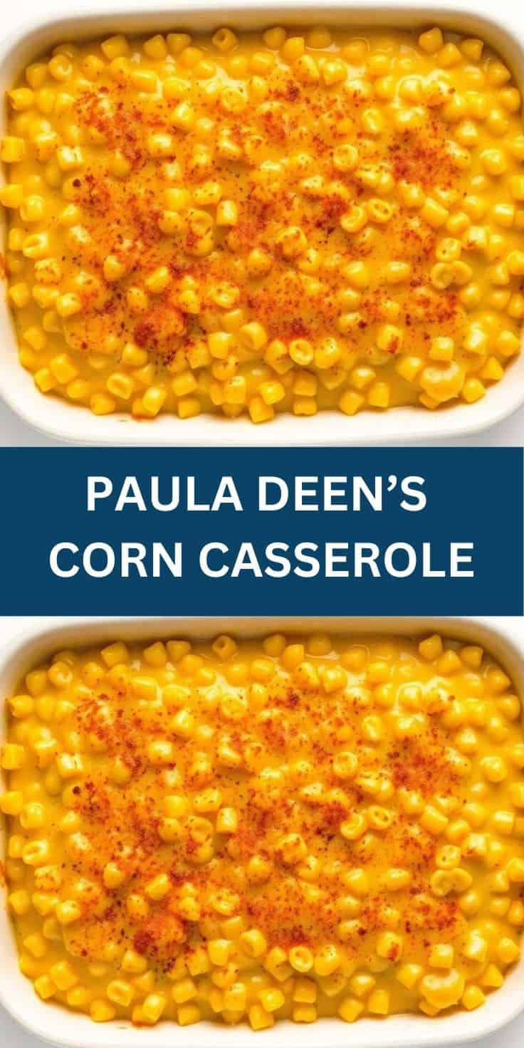 Paula Deen's corn casserole in white baking dish, topped with paprika seasoning.
