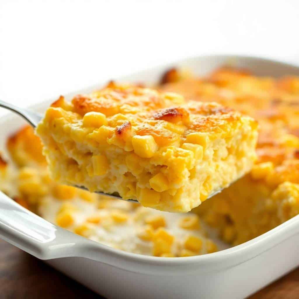 Golden corn casserole with melted cheese topping in white baking dish, one square serving lifted with spoon.