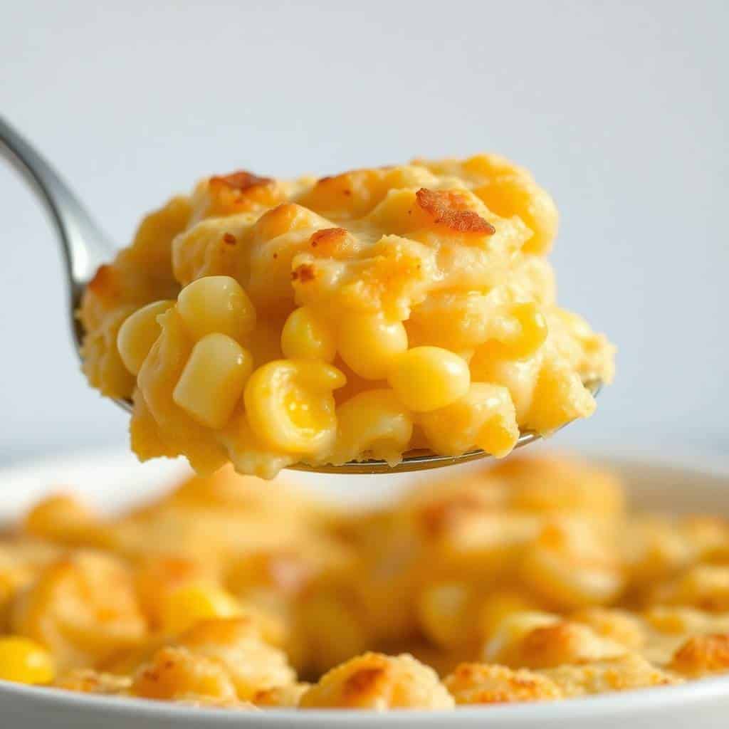 Golden baked corn casserole on spoon above white plate, showing creamy texture and browned top.
