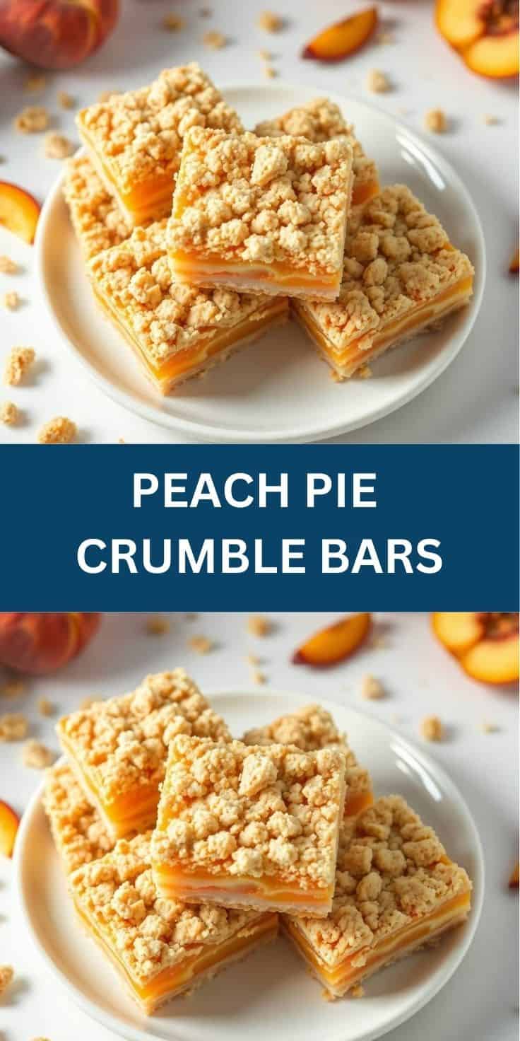 Peach pie crumble bars with golden streusel topping on white plate, fresh peaches visible in background.
