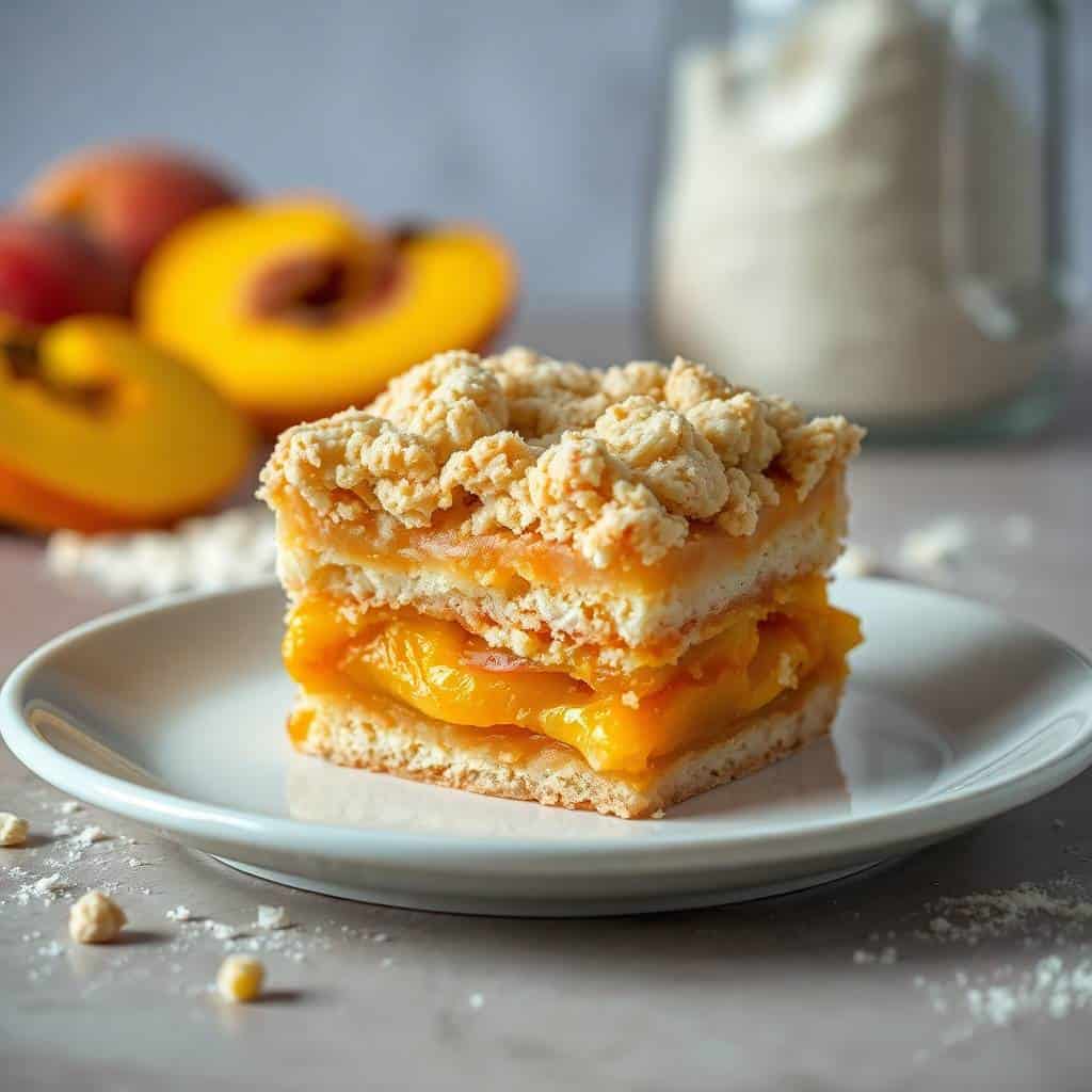 Peach pie crumble bar with golden filling and streusel topping on white plate with fresh peaches.