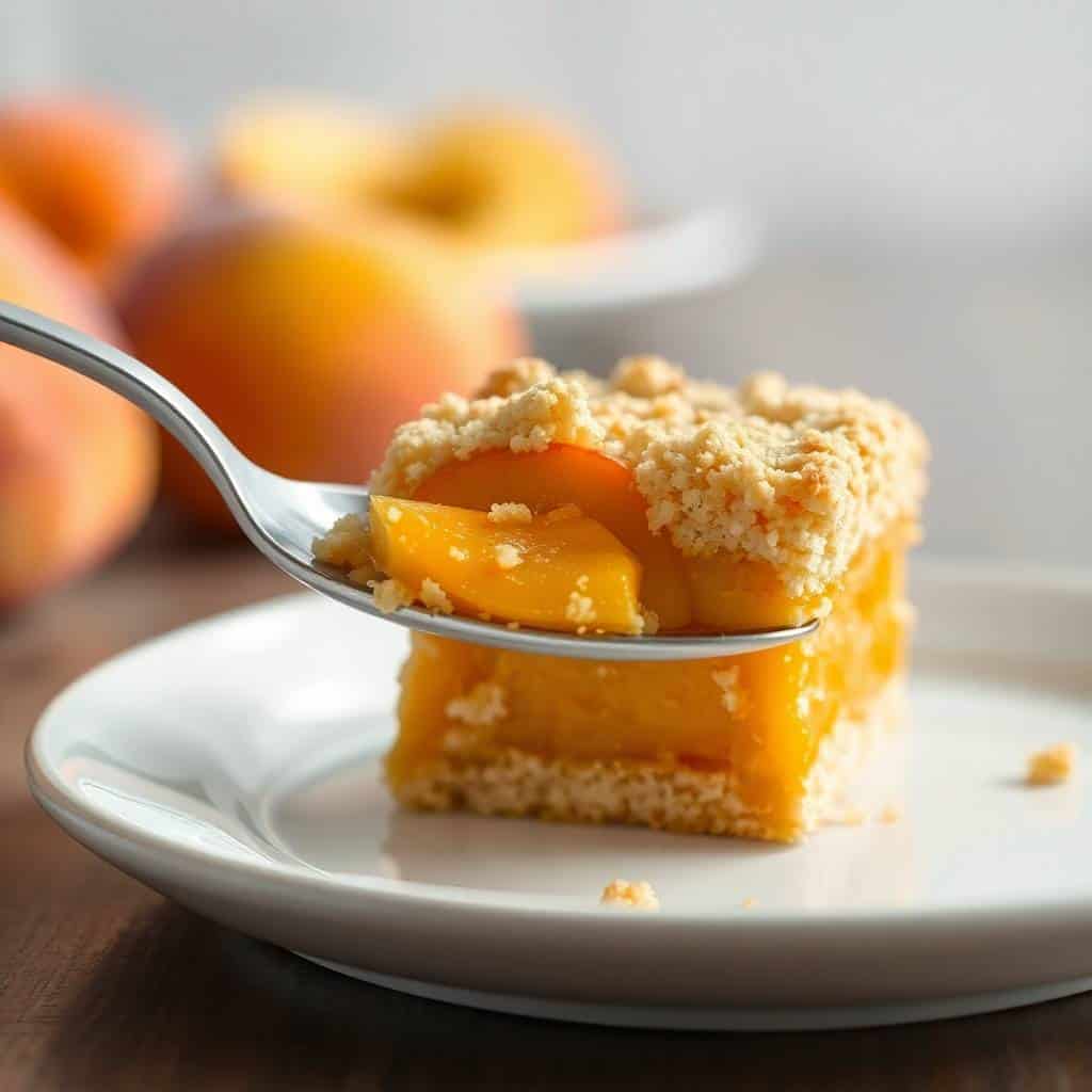 A fork lifts a slice of peach pie crumble bars with golden filling and streusel topping from a white plate.