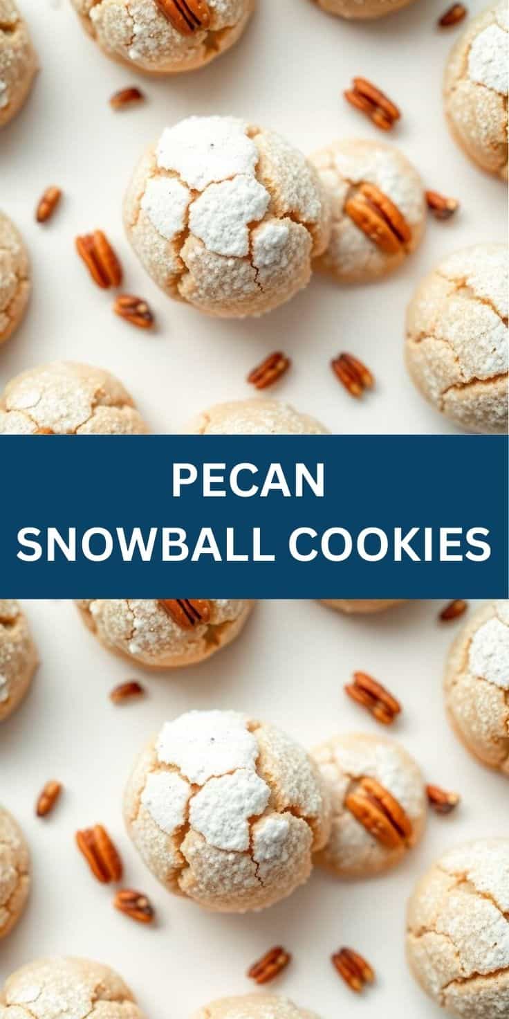 Pecan snowball cookies dusted with powdered sugar surrounded by pecan halves on white surface.