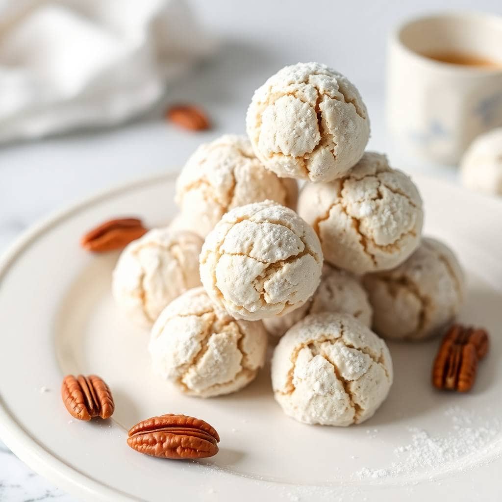 Pecan snowball cookies stacked on white plate with scattered pecans and coffee cup nearby.