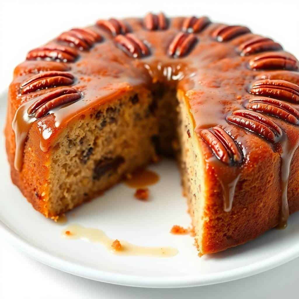 Pecan upside down cake with caramel glaze and pecan halves on white plate, slice removed.