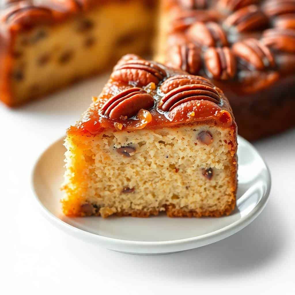 Slice of pecan upside down cake with caramelized top and pecan halves on white plate.