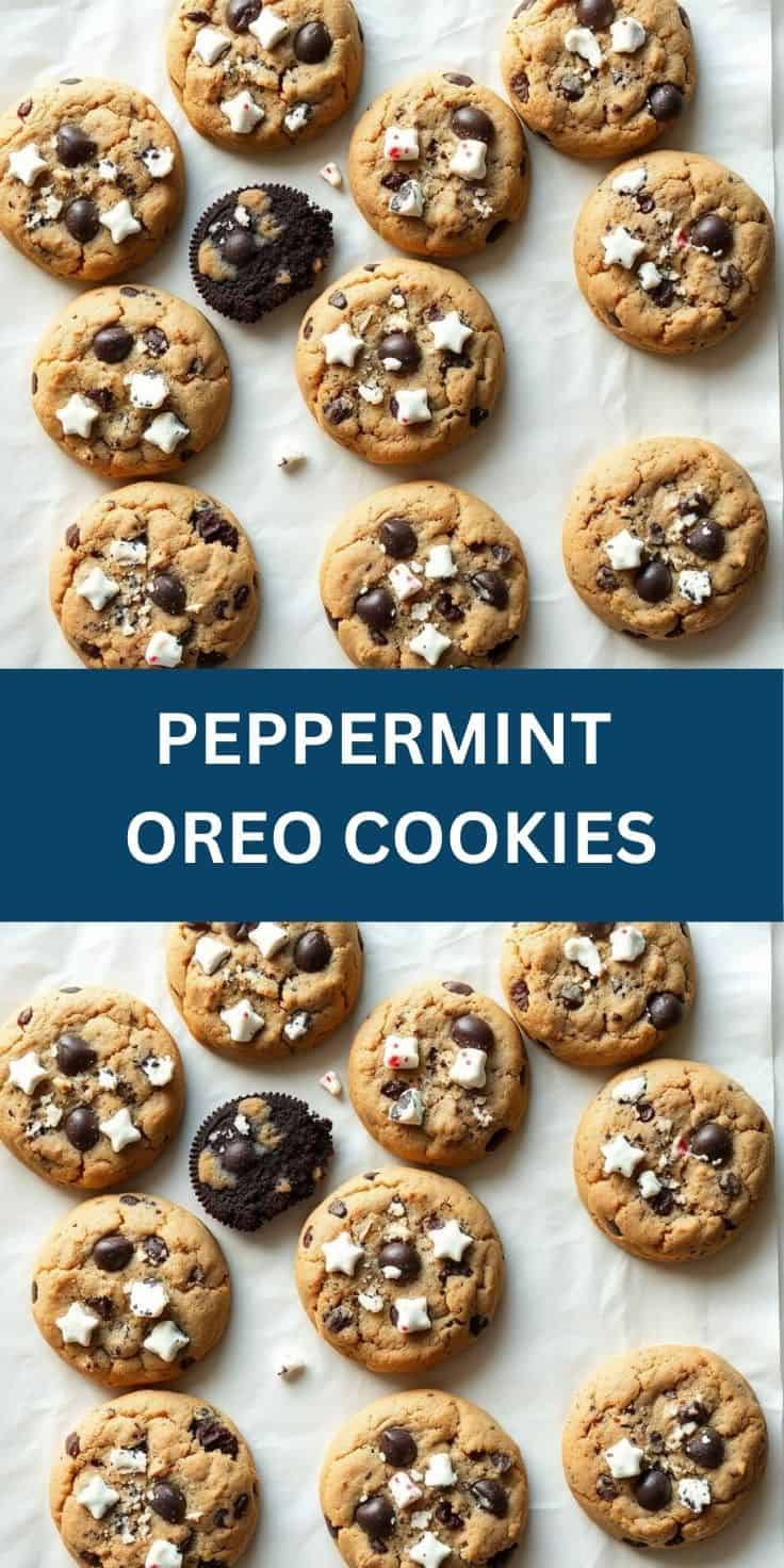 Peppermint Oreo cookies with chocolate chips and crushed candy pieces on white parchment paper.