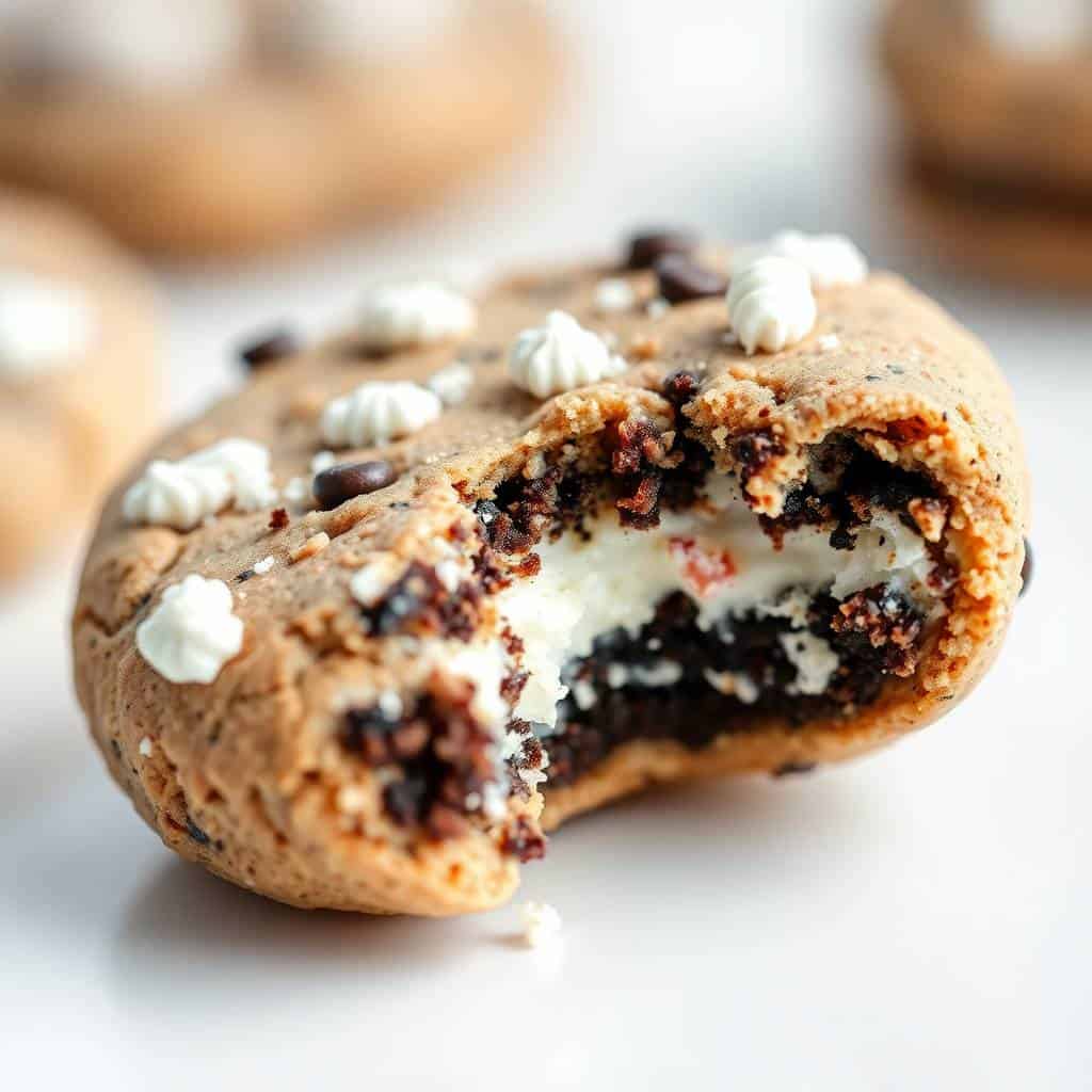 Peppermint Oreo cookie broken in half, revealing dark chocolate filling and white cream center, topped with crushed candy.