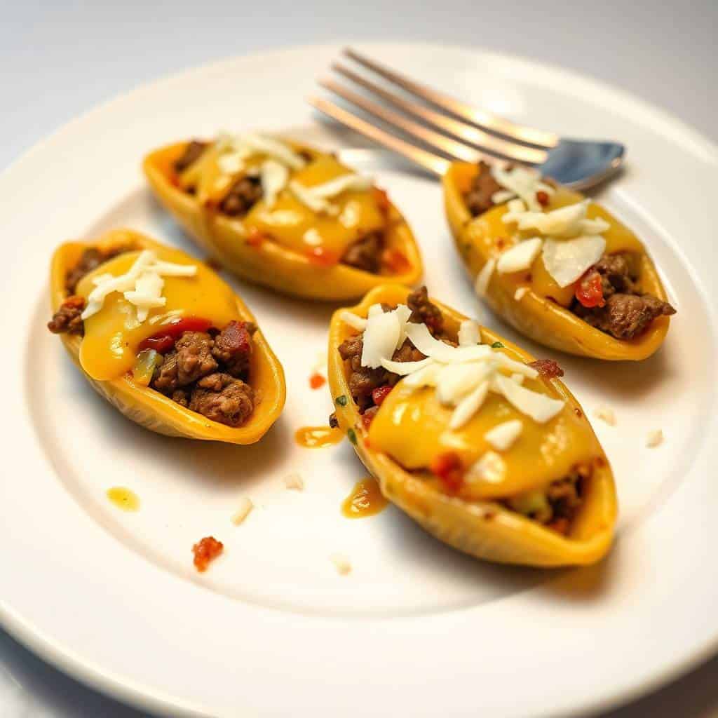 Philly cheesesteak stuffed shells plated on white dish, topped with melted cheese and sliced almonds.