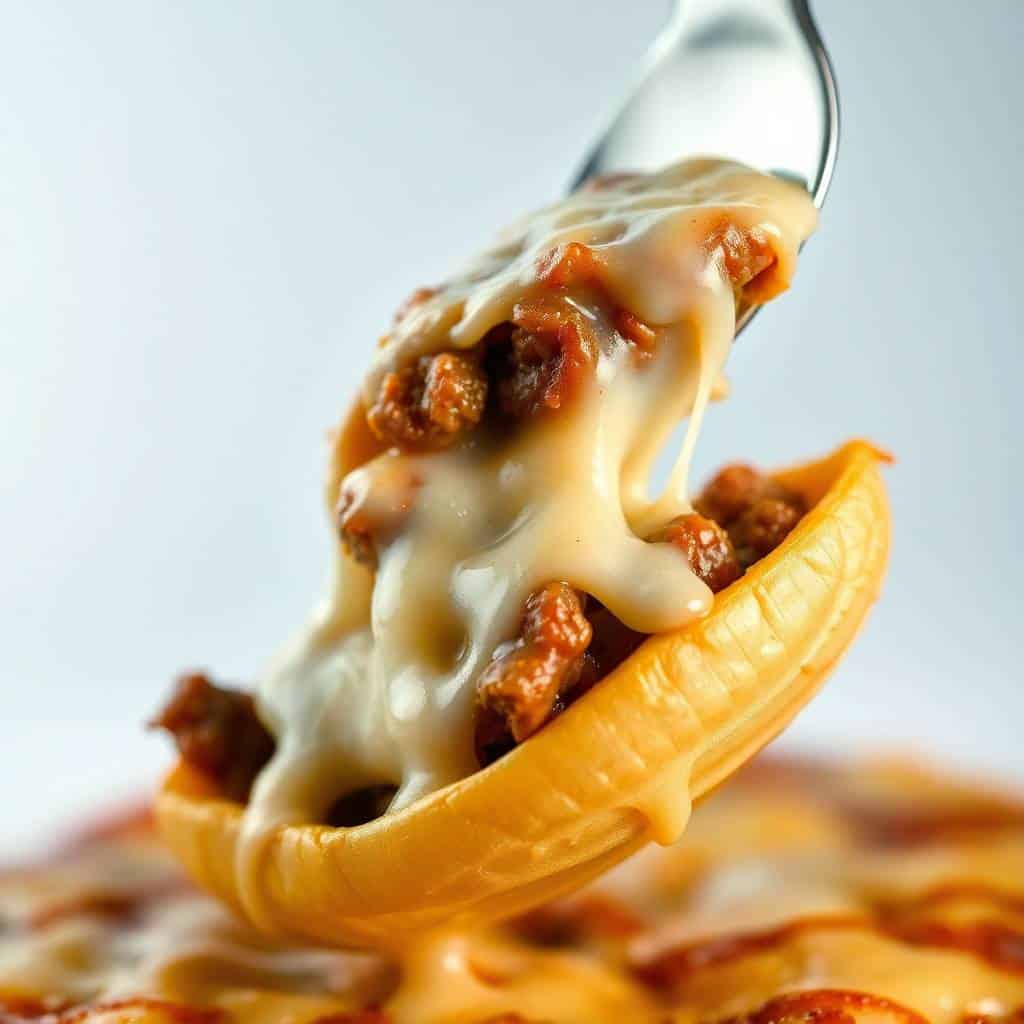 Philly cheesesteak stuffed shells with melted cheese stretching on a fork, served on plate.