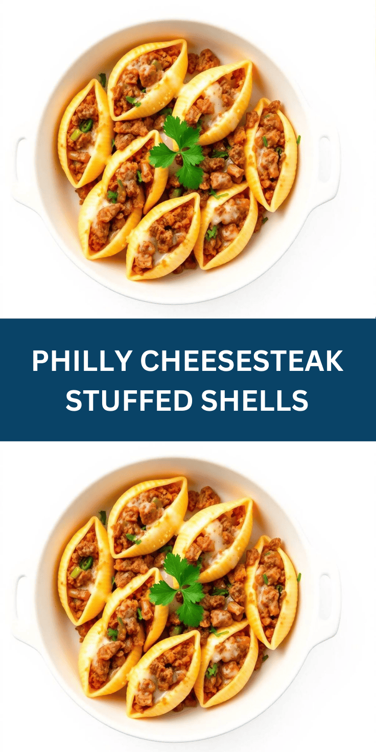 Philly cheesesteak stuffed shells arranged on white plate, garnished with fresh parsley and green onions.