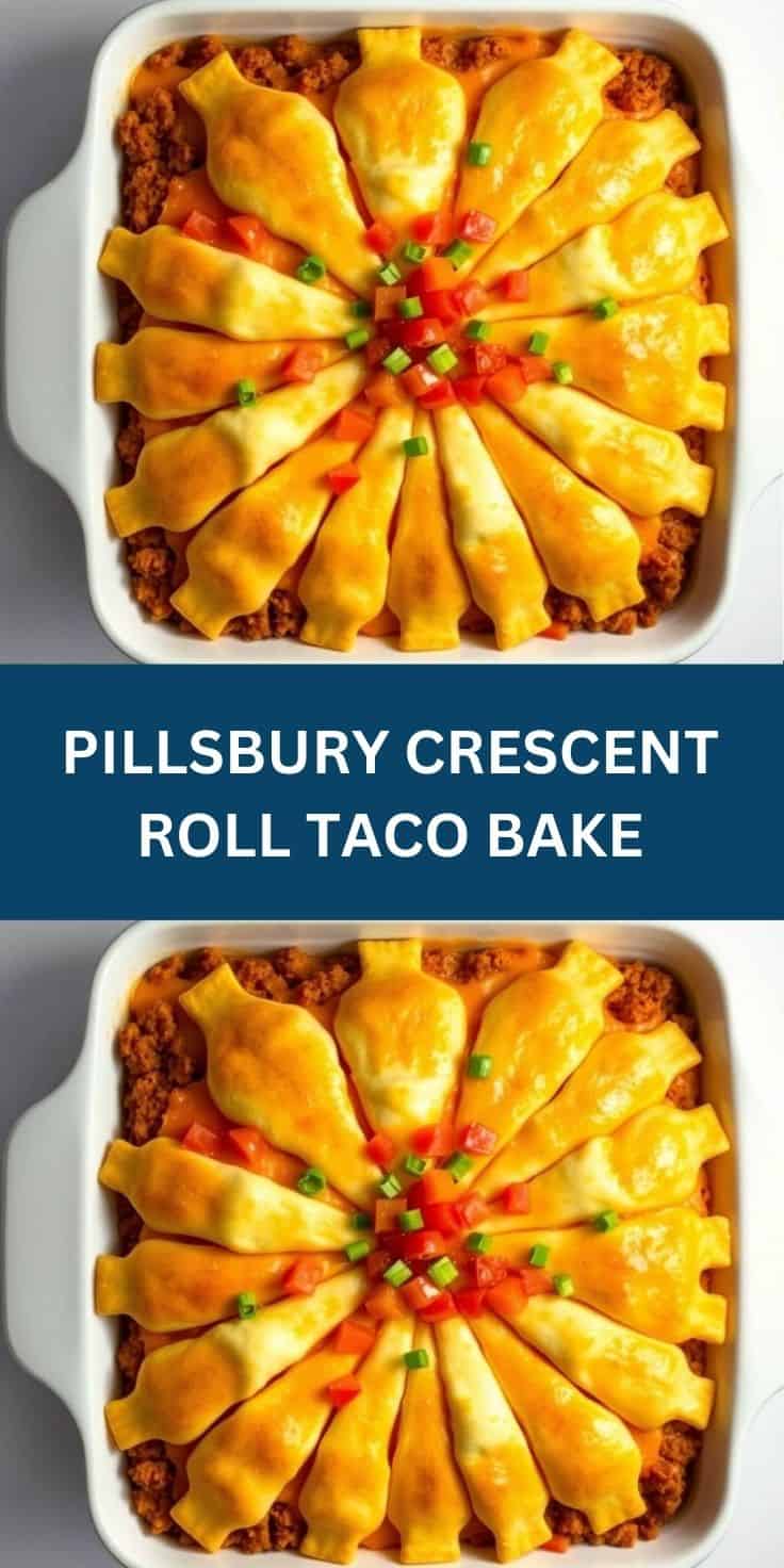 Pillsbury Crescent Roll Taco Bake in white dish with golden rolls, seasoned meat, melted cheese, and red pepper garnish.