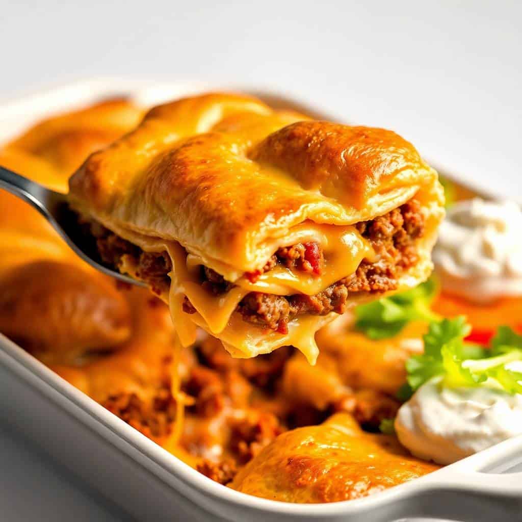 Golden-brown crescent roll taco bake with melted cheese, ground beef, and fresh cilantro garnish in white dish.