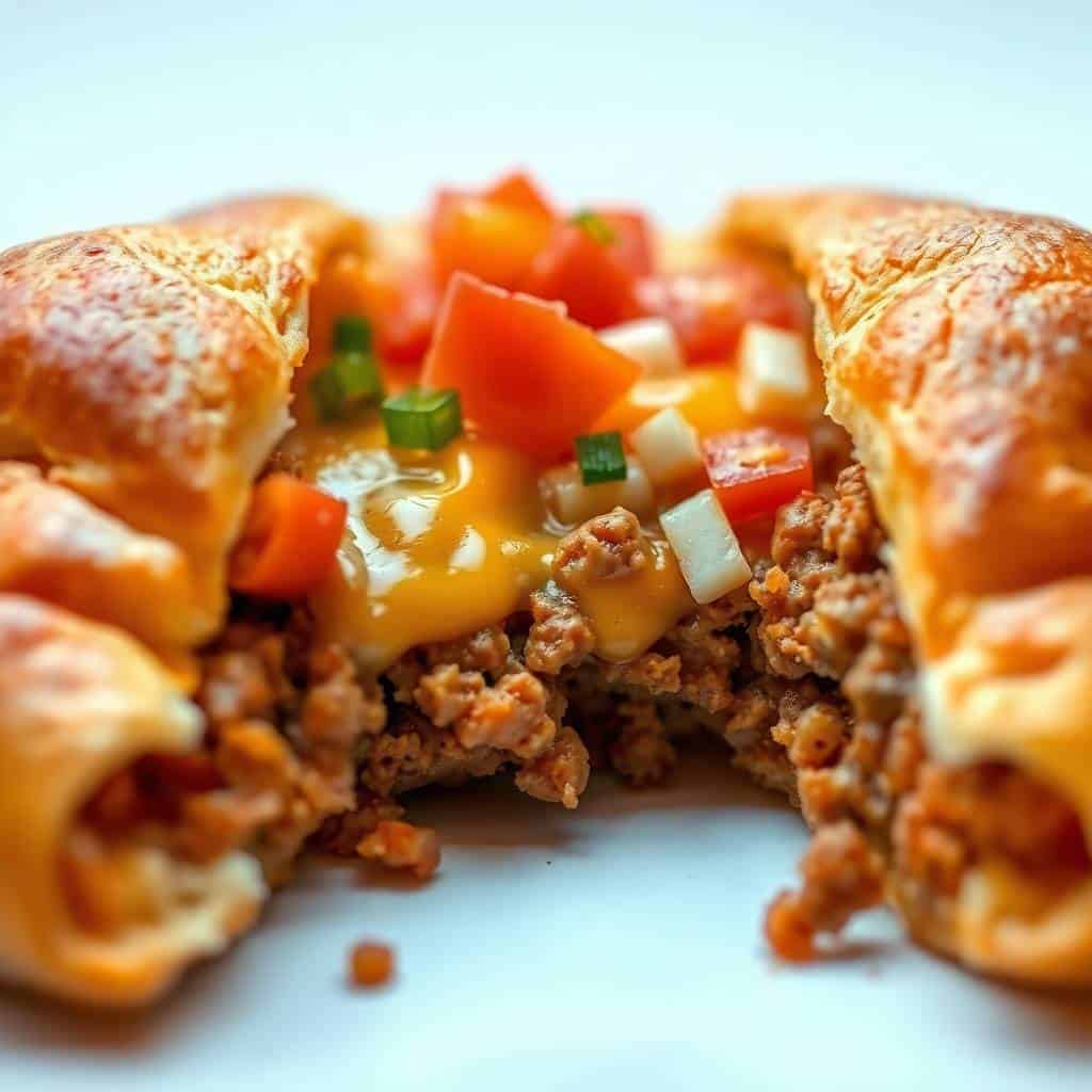 Crescent roll taco bake with melted cheese, diced tomatoes, and green onions on white plate.