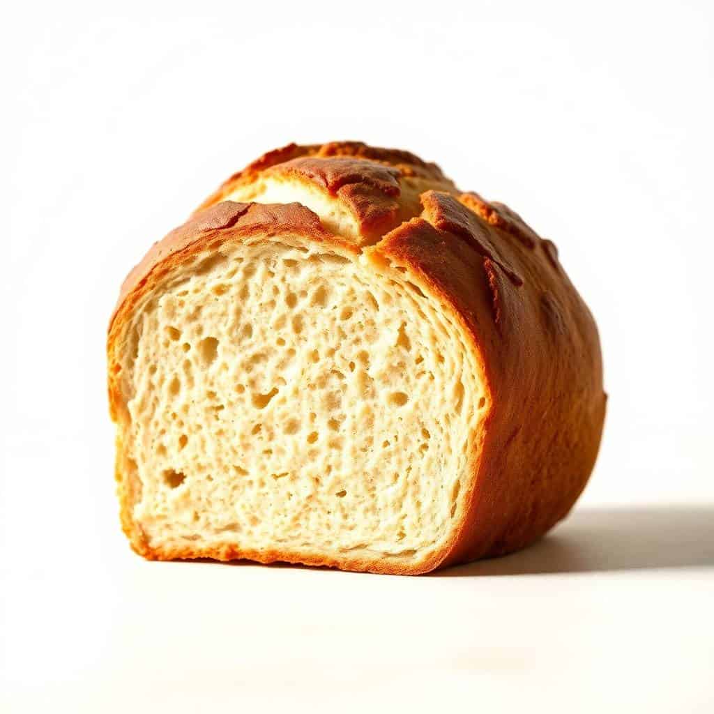 Sliced no-knead bread showing golden-brown crust and airy, light crumb structure.