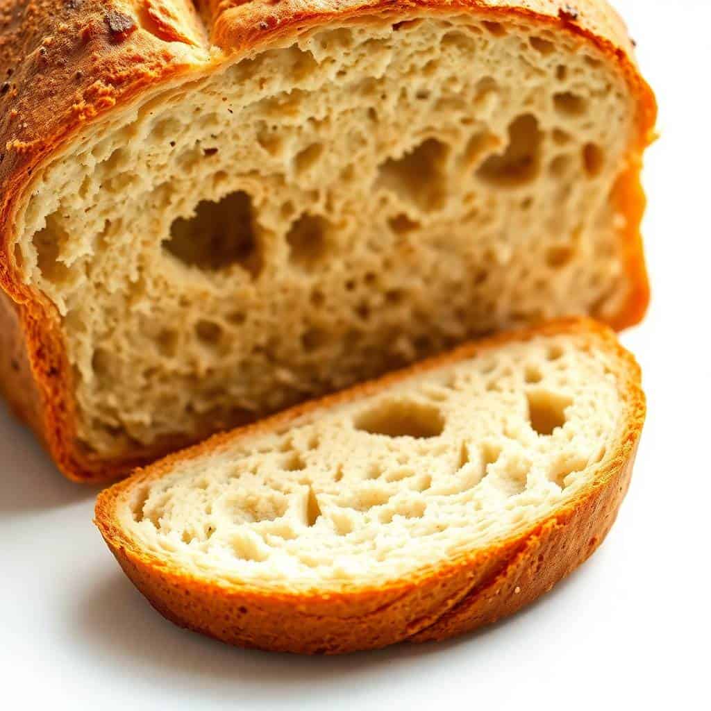 Freshly sliced no-knead bread showing open crumb structure with golden-brown crust.
