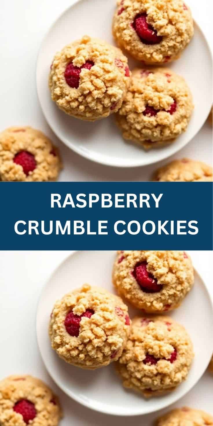 Raspberry crumble cookies with golden oat topping and fresh raspberries on white plates.