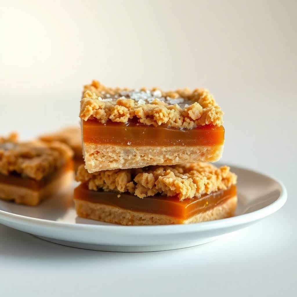 Salted caramel butter bars stacked on white plate, showing golden oat crust, caramel filling, and crumbly topping.