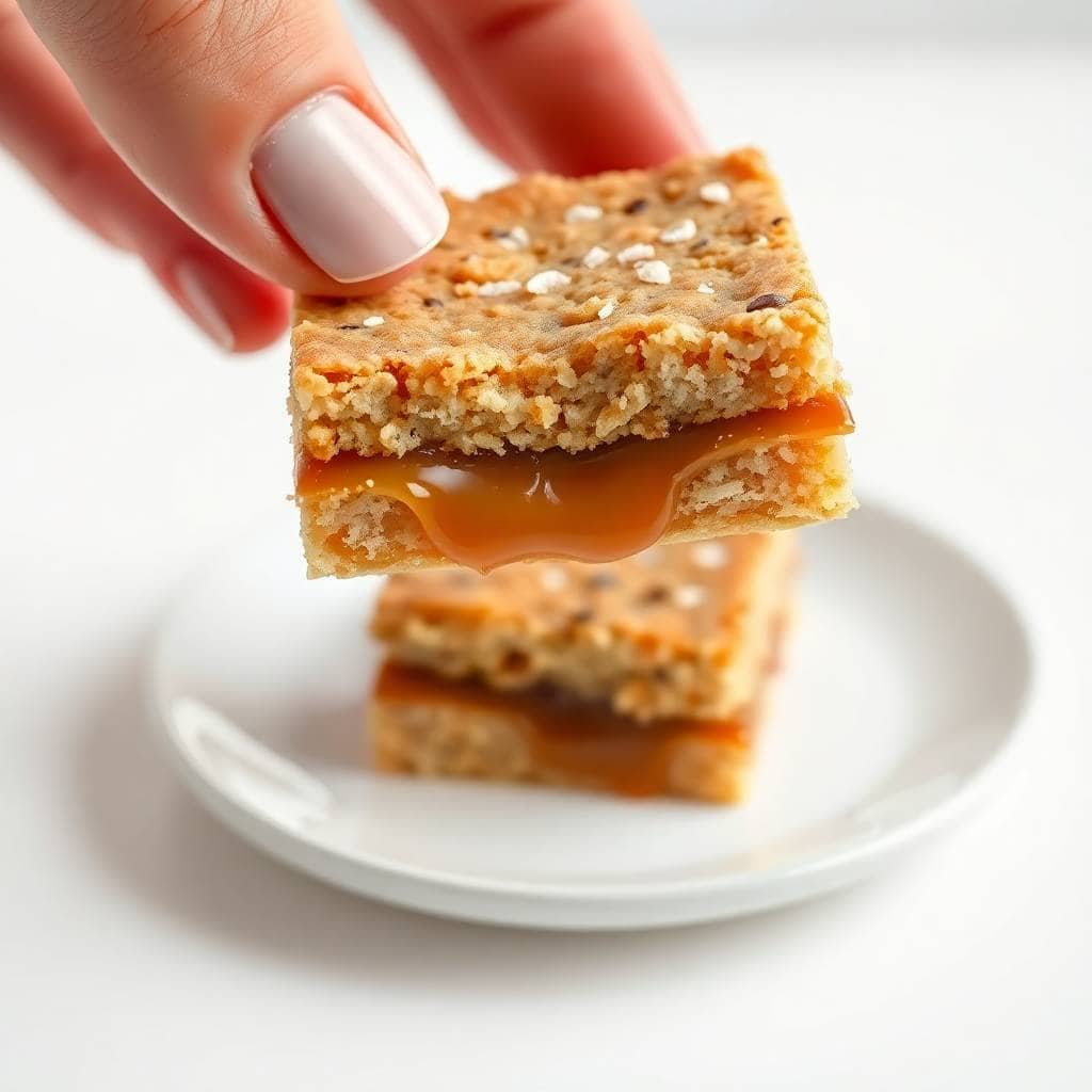 Hand holding salted caramel butter bar with stretchy caramel center over white plate.