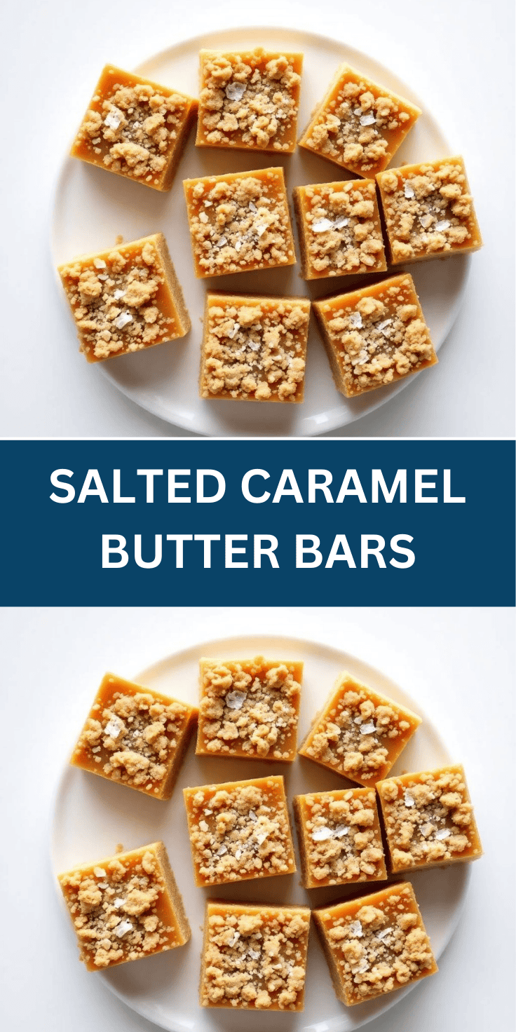 Nine salted caramel butter bars with crumb topping arranged on white plate.