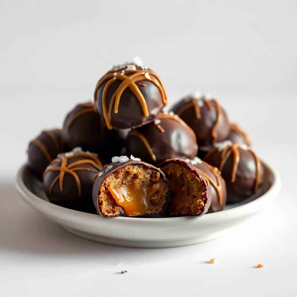 Salted caramel truffles with dark chocolate coating and caramel drizzle on white plate.