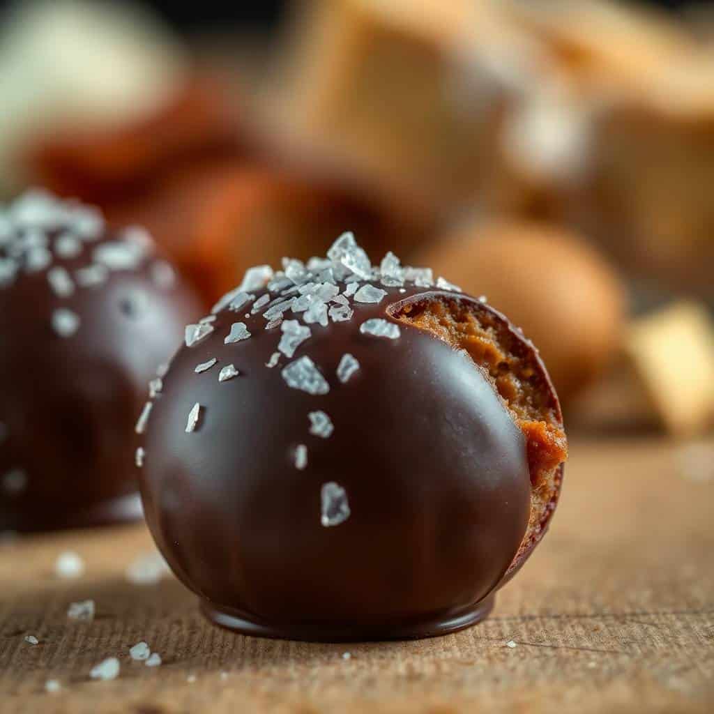 Dark chocolate salted caramel truffle with sea salt crystals on wooden surface, cross-section visible.