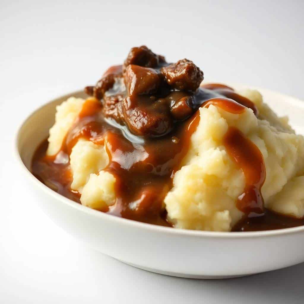 Beef stew with rich brown gravy and fluffy mashed potato dollops served in a white bowl.