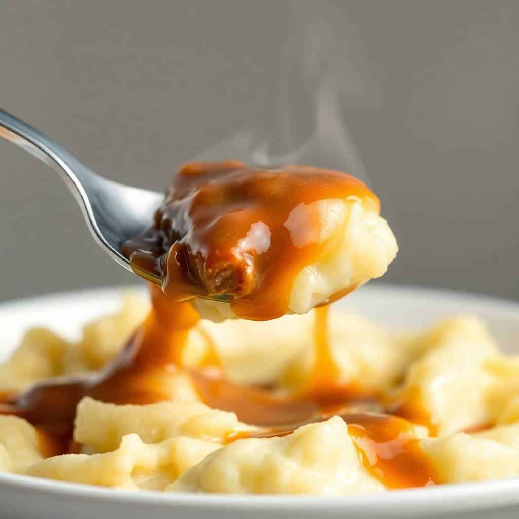 Spoon lifting mashed potato with savory beef gravy over white plate of golden fries.