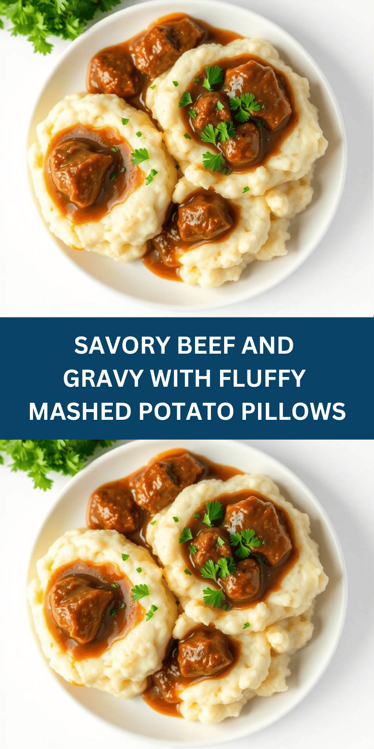 Beef and gravy with fluffy mashed potato pillows garnished with parsley on white plate.