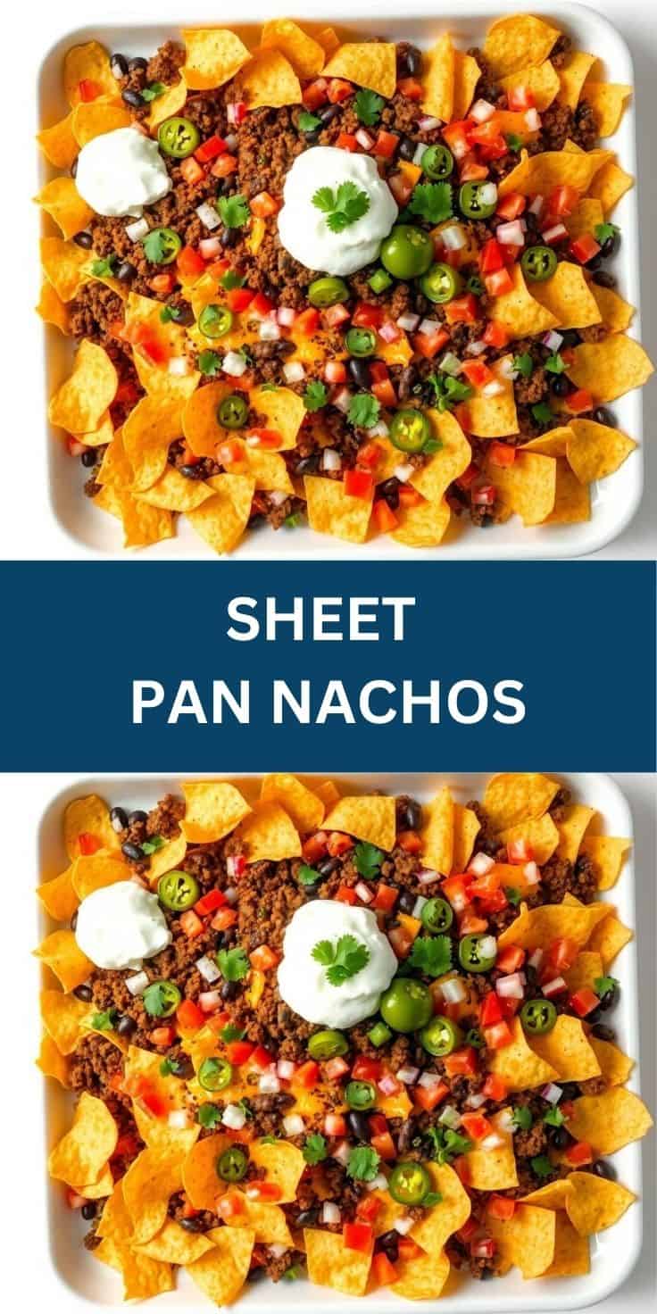 Sheet pan nachos with seasoned ground beef, melted cheese, sour cream, jalapeños, cilantro, and diced tomatoes on white p...