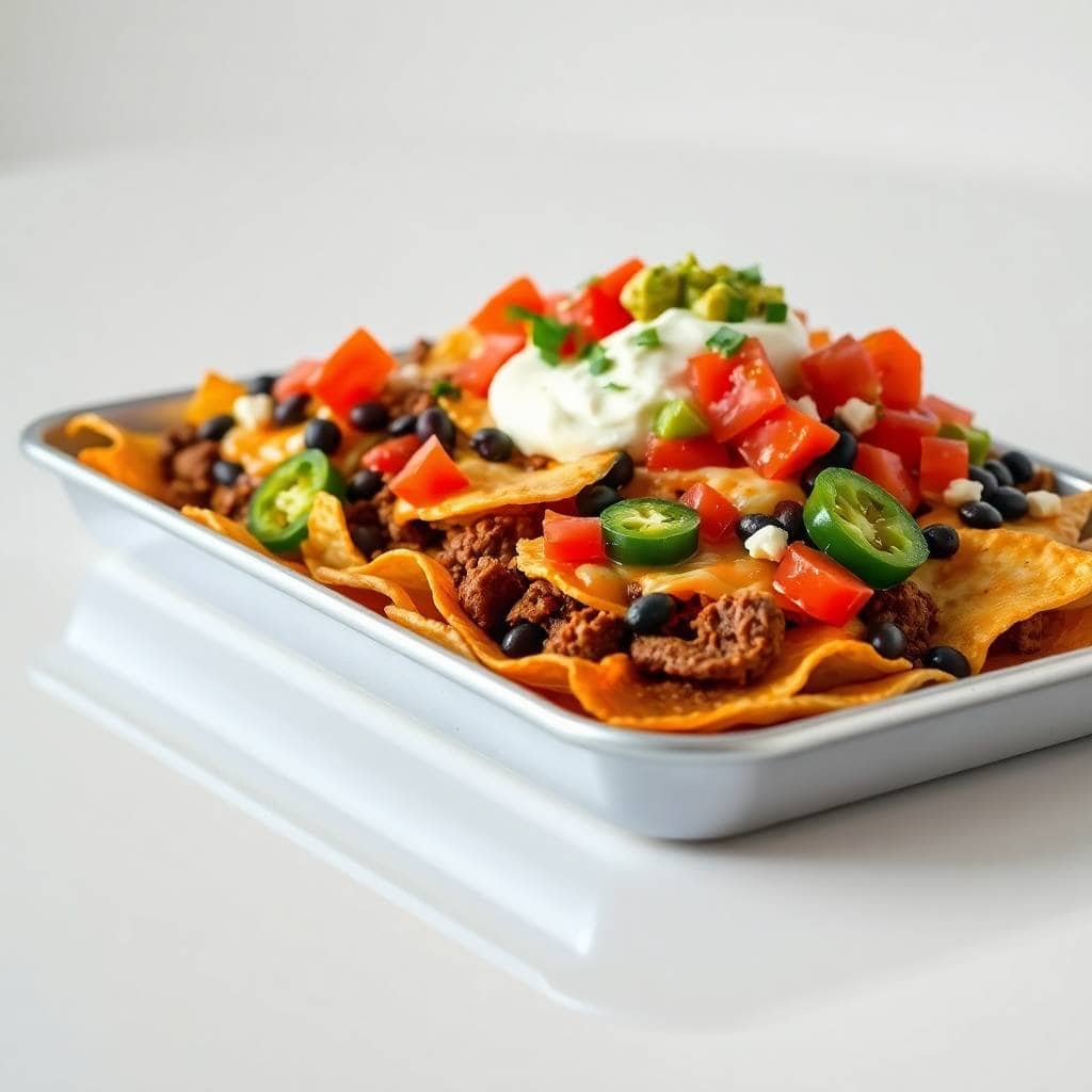 Sheet pan nachos topped with seasoned ground beef, black beans, melted cheese, sour cream, jalapeños, and diced tomatoes.