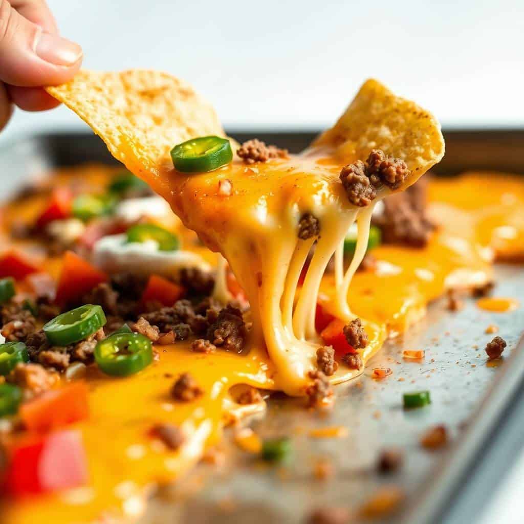 Sheet pan nachos with melted cheese, ground beef, jalapeños, and crispy tortilla chips being lifted.