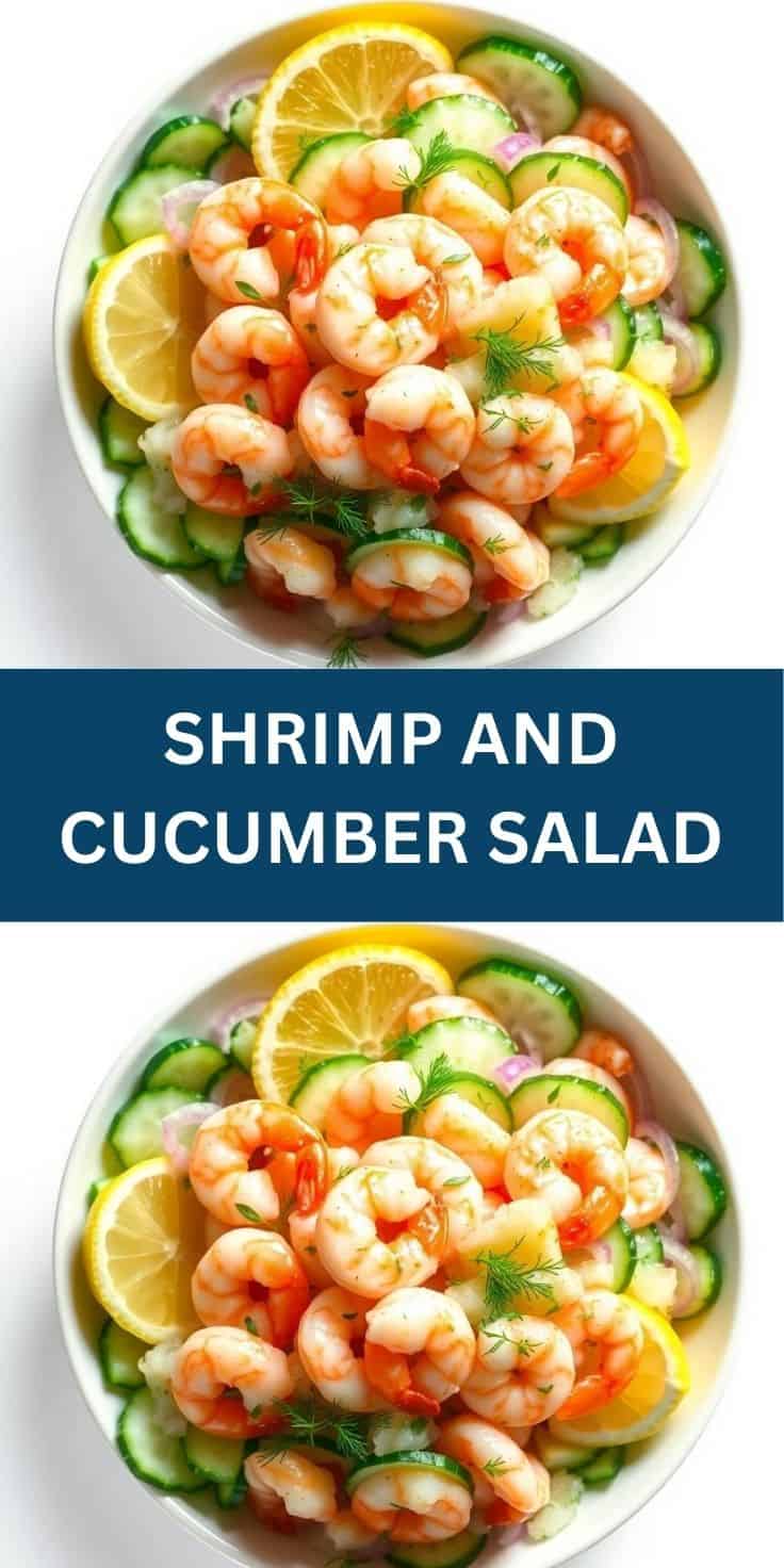 Shrimp and cucumber salad plated on white bowl with lemon slices and fresh dill garnish.