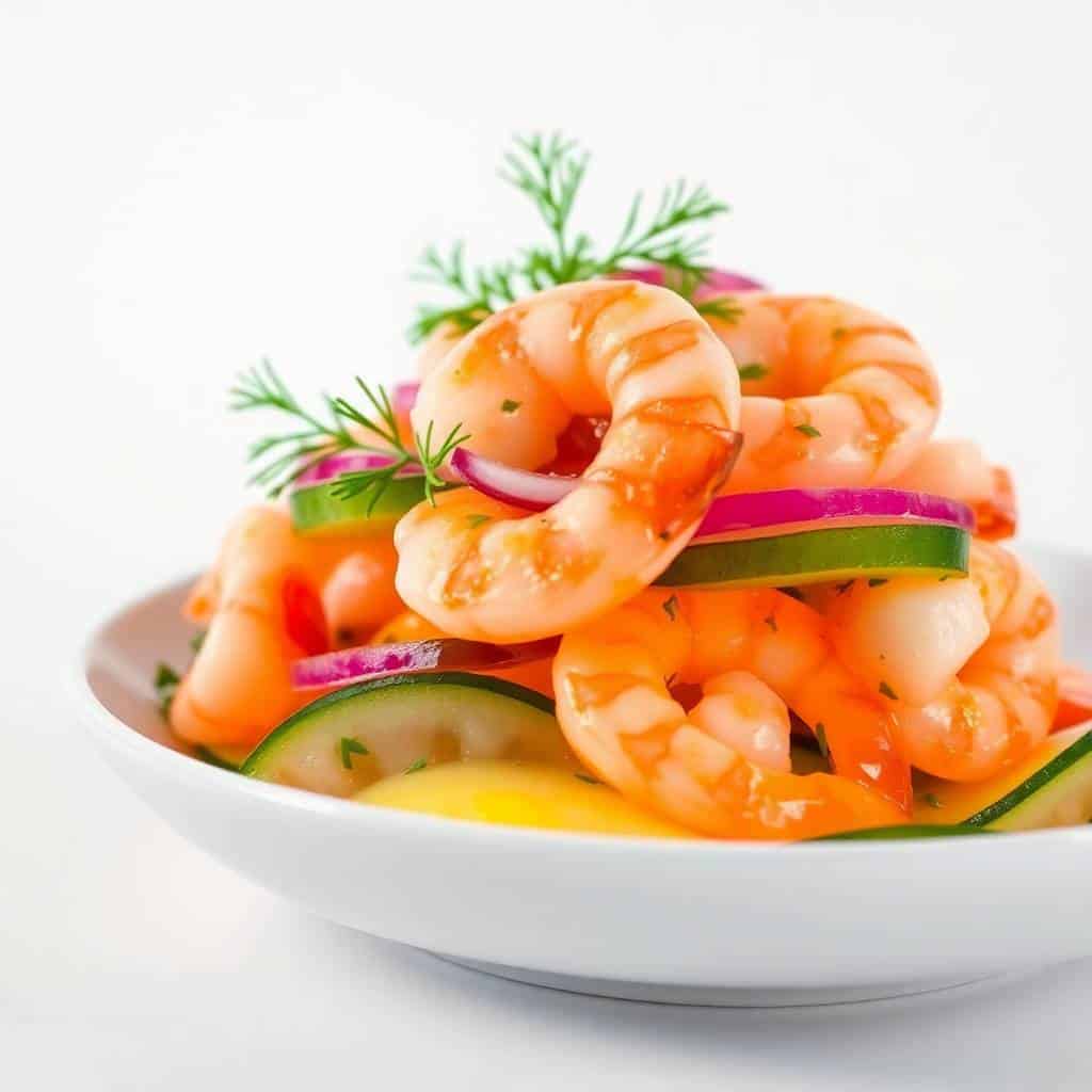 Shrimp and cucumber salad plated on white bowl with dill garnish and pink radish slices.