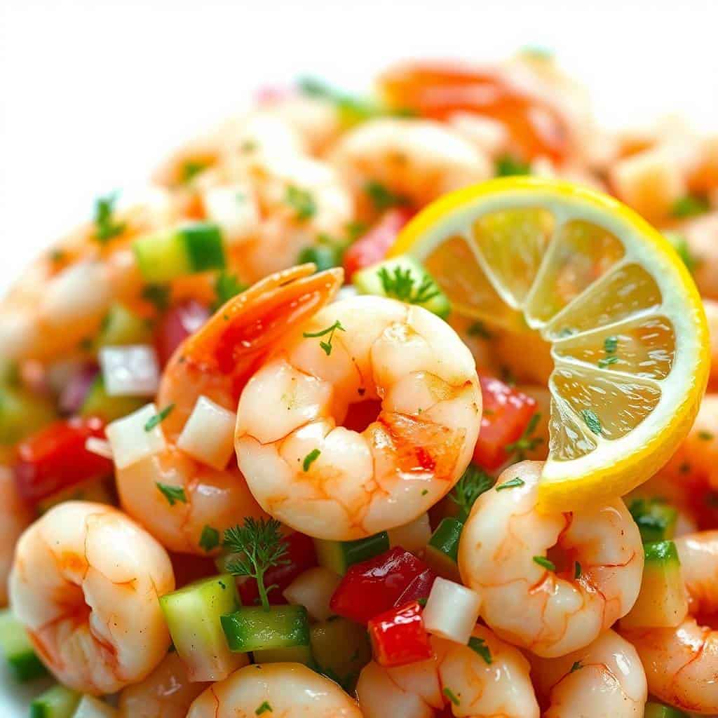 Shrimp and cucumber salad garnished with fresh herbs, red peppers, and lemon slices on white background.